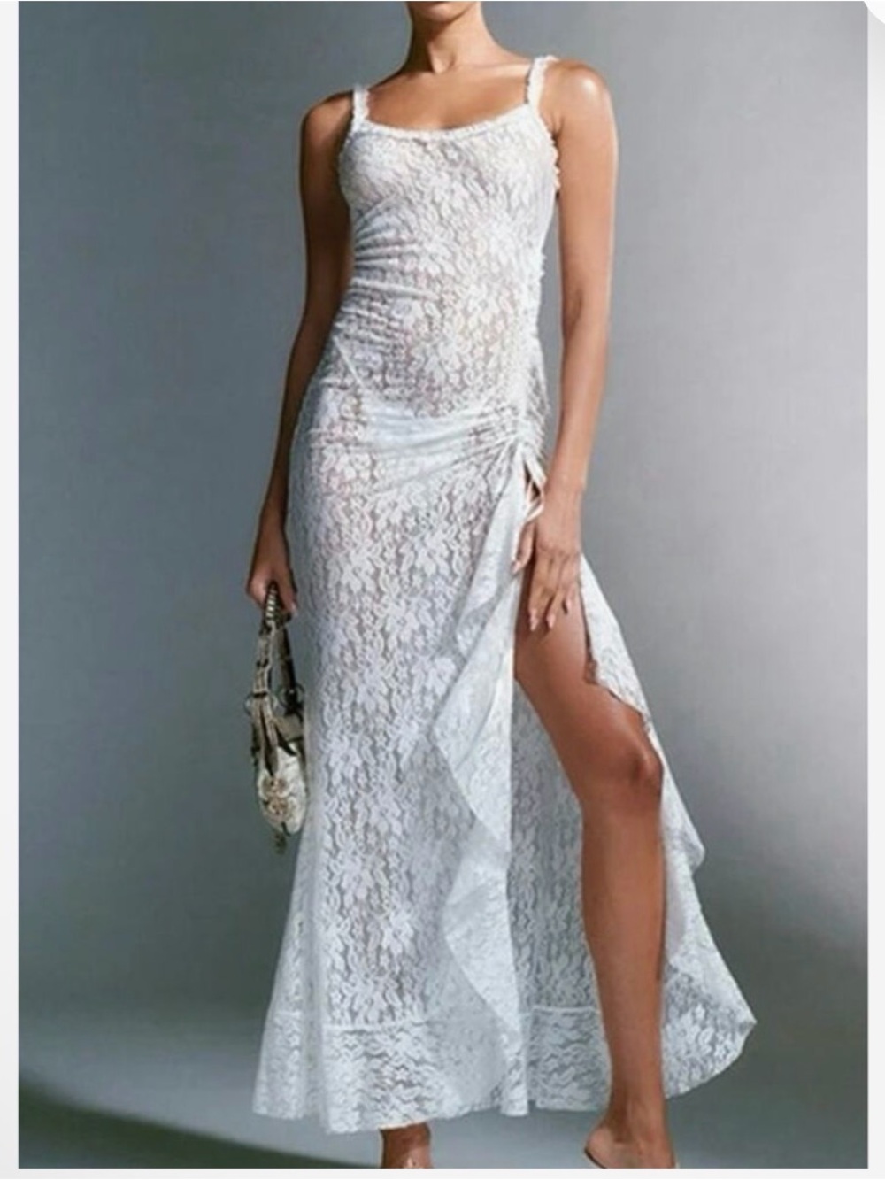 Micas White Lace Slip Maxi Dress with Side Slit